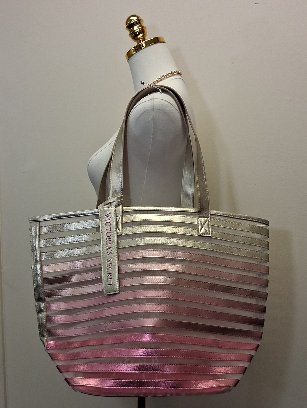 Victoria’s Secret Metallic Stripe Tote Bag Pink Silver Travel Shoulder Bag